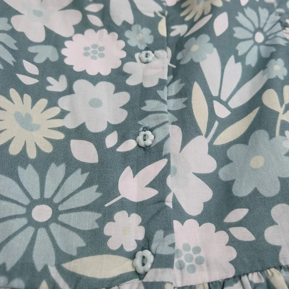 Joie Girls Floral Tiered Dress Teal White Cotton Ruffle Pom Pom Size 6 NEW